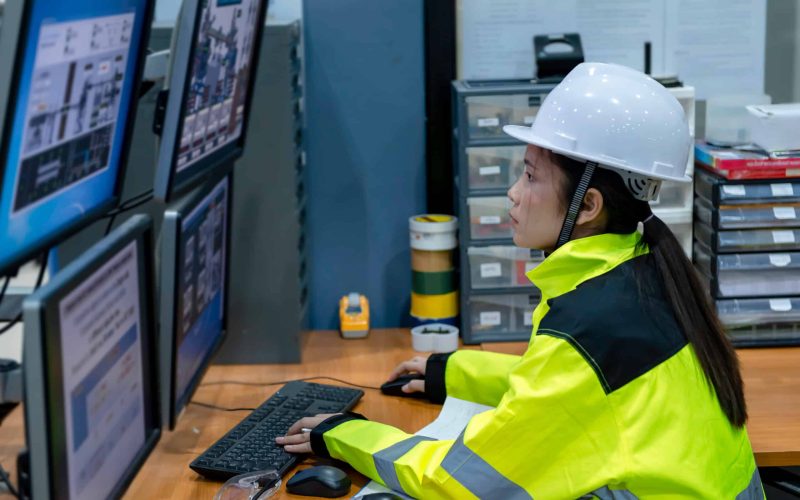 Inside the large Industry Factory Female Computer Engineer Works on Personal Computer She coding program for control machine,Thailand people work on fours monitors,Programmer working with serious
