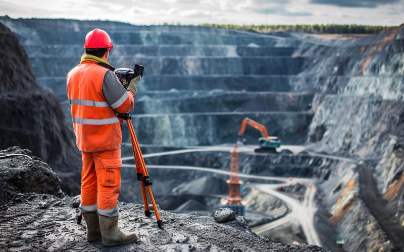 Mine Worker Open Pit Mine Surveying.