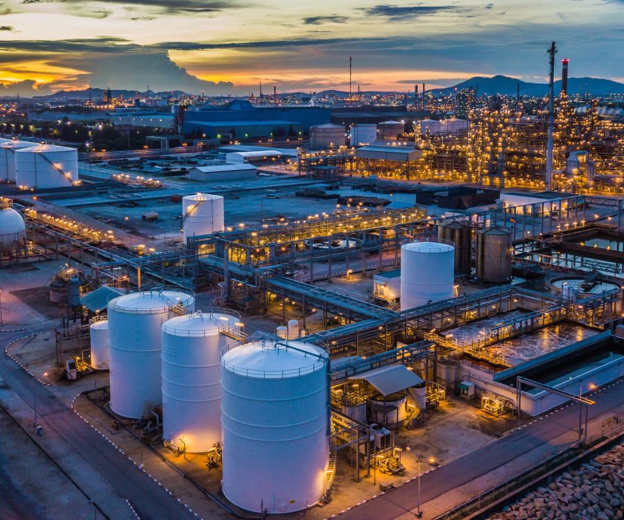 Aerial view oil terminal is industrial facility at night for sto