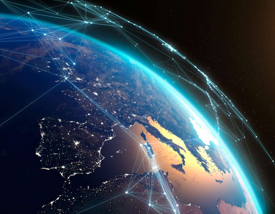 Pan,Left,View,Of,Digital,Connections,Among,Satellites,Above,Surface